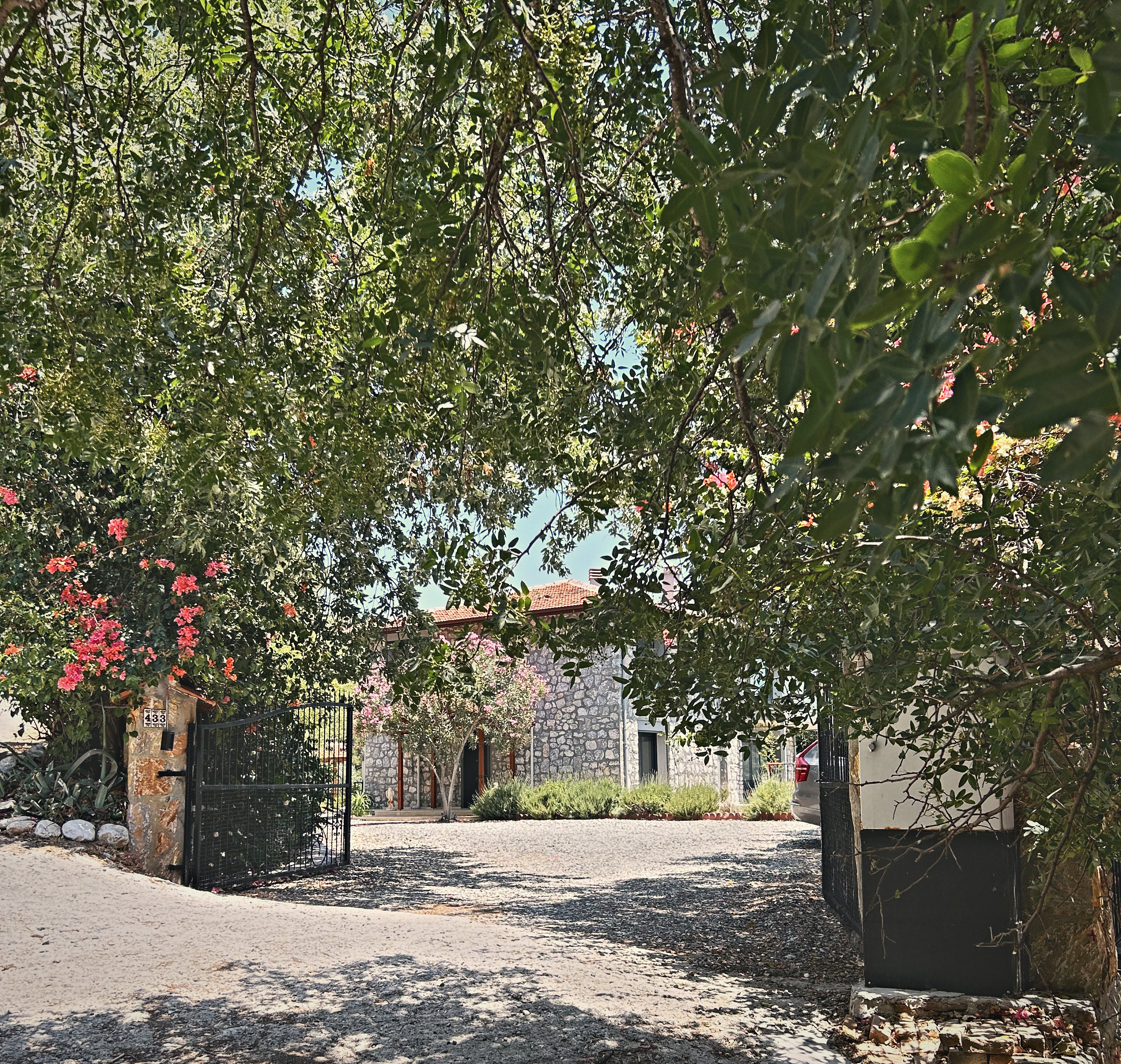 The open iron gate of No. 433 beneath old trees, the stone house beyond